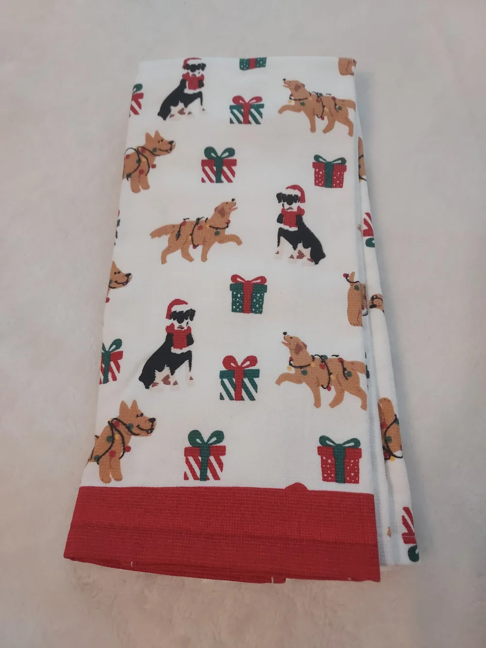 Sleigh Bell Bistro Quirky Holiday Dog Print Kitchen Towels White & Red Trim